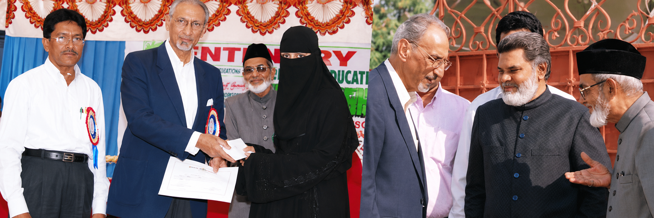 Left: a student receiving a certificate on stage. Right: guests in conversation